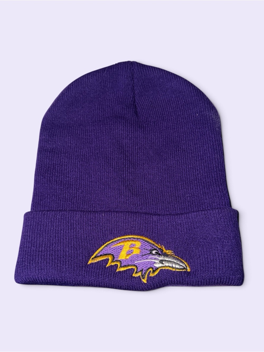 NFL Purple Cuffed Beanie with Yellow & Gray Embroidered Raven Logo